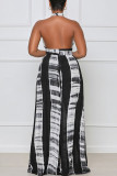 Black Casual Print Patchwork Backless Halter Straight Jumpsuits