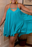 Cyan Sexy Solid Patchwork Backless Halter A Line Dresses