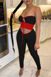 Rose Red Sexy Solid Bandage Hollowed Out Patchwork Strapless Skinny Jumpsuits