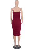 Burgundy Sexy Solid Patchwork Fold Spaghetti Strap One Step Skirt Dresses