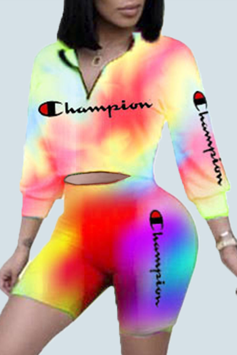 

Yellow Red Fashion Casual Tie Dye Letter O Neck Long Sleeve Two Pieces