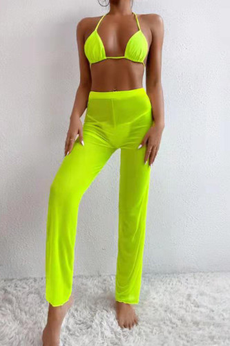 Fluorescent Yellow Sexy Solid Patchwork See-through Halter Sleeveless Two Pieces