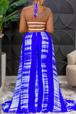 Blaue sexy bedruckte, rückenfreie Neckholder-Kleider mit geradem Patchwork-Print