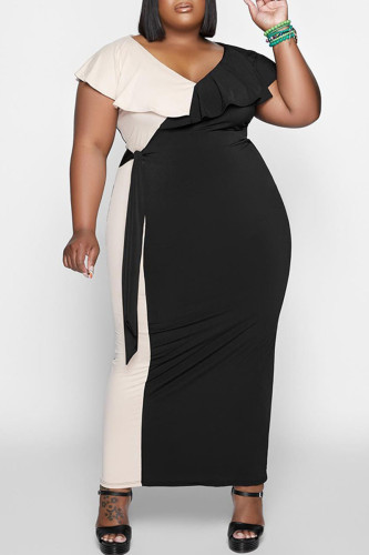 Black Sexy Patchwork Bandage Flounce V Neck One Step Skirt Plus Size Dresses