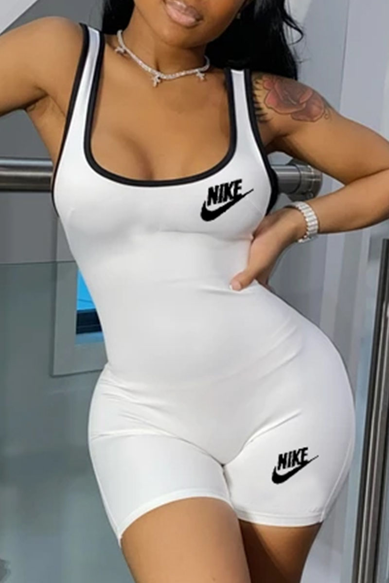

White Fashion Casual Print Letter U Neck Jumpsuits