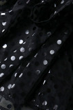 Negro sexy estampado patchwork hebilla transparente cuello vuelto manga corta dos piezas