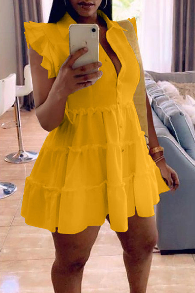 

Yellow Casual Solid Split Joint Buckle Flounce Turndown Collar A Line Dresses