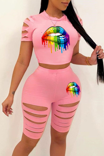 Pink Casual Sportswear Print Hollowed Out Patchwork O Neck Short Sleeve Two Pieces