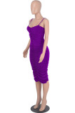 Purple Sexy Solid Patchwork Fold Spaghetti Strap One Step Skirt Dresses