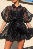 Black Sexy Print Patchwork Buckle See-through Turndown Collar Short Sleeve Two Pieces