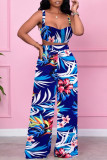 Blue Sweet Vacation Print Patchwork Two Pieces