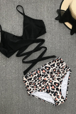 Matte Black Sexy Print Hollowed Out Patchwork Swimwears