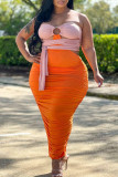 Tangerine Red Sexy Solid Hollowed Out Strapless Pencil Skirt Plus Size Dresses