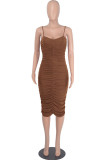 Brown Sexy Solid Patchwork Fold Spaghetti Strap One Step Skirt Dresses