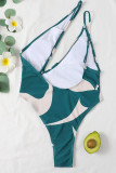Grüne, sexy, asymmetrische Patchwork-Badebekleidung mit Aufdruck