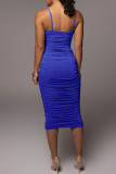 ブルーのセクシーなソリッドパッチワークフォールドスパゲッティストラップワンステップスカートドレス