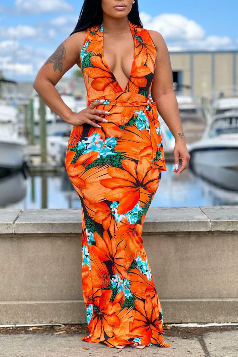 

Multicolor Celebrities Print Split Joint V Neck Straight Dresses
