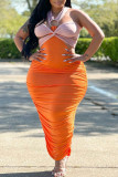 Tangerine Red Sexy Solid Hollowed Out Strapless Pencil Skirt Plus Size Dresses