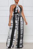 Black Casual Print Patchwork Backless Halter Straight Jumpsuits