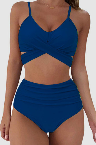 Blauer, sexy, bedruckter, ausgehöhlter Patchwork-Badeanzug