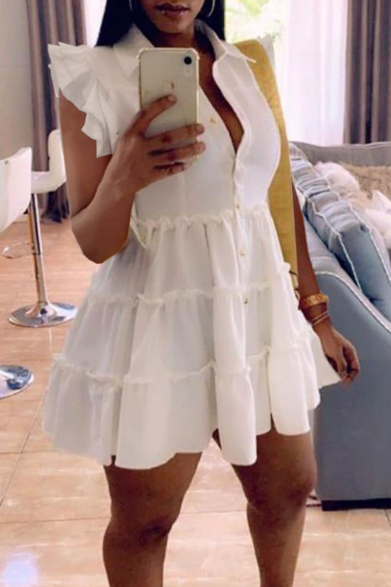 

White Casual Solid Split Joint Buckle Flounce Turndown Collar A Line Dresses