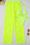 Fluorescent Yellow Sexy Solid Patchwork See-through Halter Sleeveless Two Pieces
