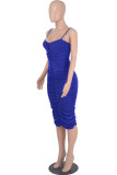 ブルーのセクシーなソリッドパッチワークフォールドスパゲッティストラップワンステップスカートドレス