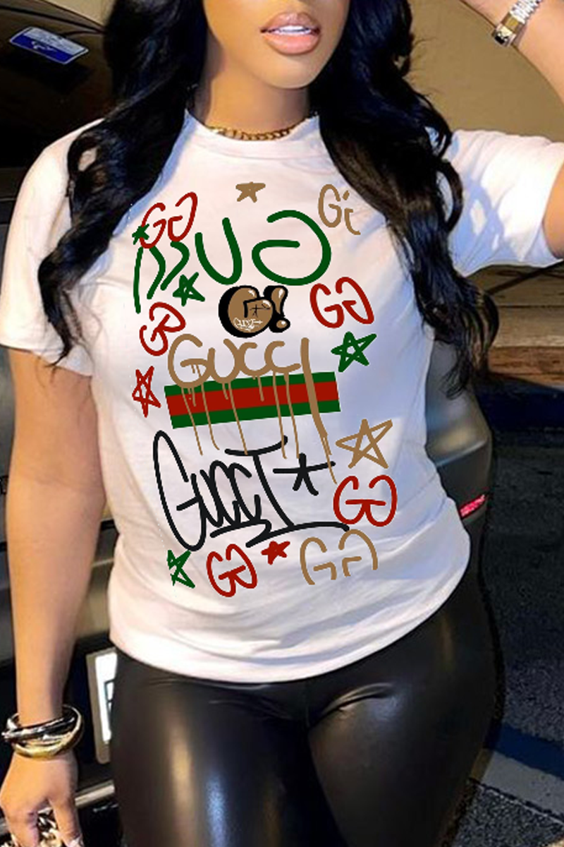 

White Fashion Street Print Patchwork Letter O Neck T-Shirts