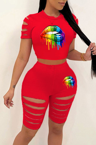 Red Casual Sportswear Print Hollowed Out Patchwork O Neck Short Sleeve Two Pieces