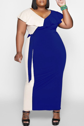 Blue Sexy Patchwork Bandage Flounce V Neck One Step Skirt Plus Size Dresses