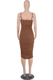 Brown Sexy Solid Patchwork Fold Spaghetti Strap One Step Skirt Dresses
