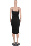 Black Sexy Solid Patchwork Fold Spaghetti Strap One Step Skirt Dresses