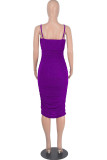 Purple Sexy Solid Patchwork Fold Spaghetti Strap One Step Skirt Dresses