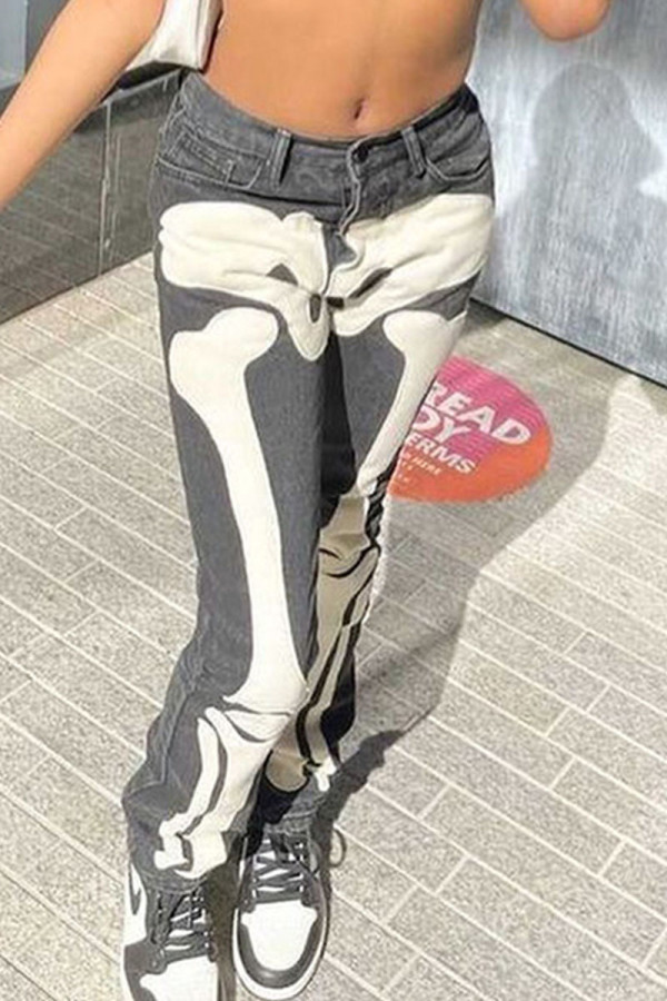 Pantalones vaqueros de mezclilla de cintura alta con estampado de calle informal gris