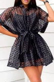 Black Sexy Print Patchwork Buckle See-through Turndown Collar Short Sleeve Two Pieces