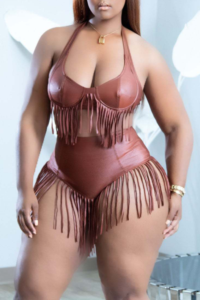 

Coffee Sexy Solid Tassel Swimwears