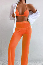 Tangerine Sexy Solid Split Joint See-through Halter Sleeveless Two Pieces