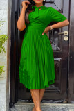 Green Casual Solid Bandage Patchwork Fold O Neck A Line Dresses