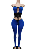 Royal Blue Sexy Solid Bandage Hollowed Out Patchwork Strapless Skinny Jumpsuits