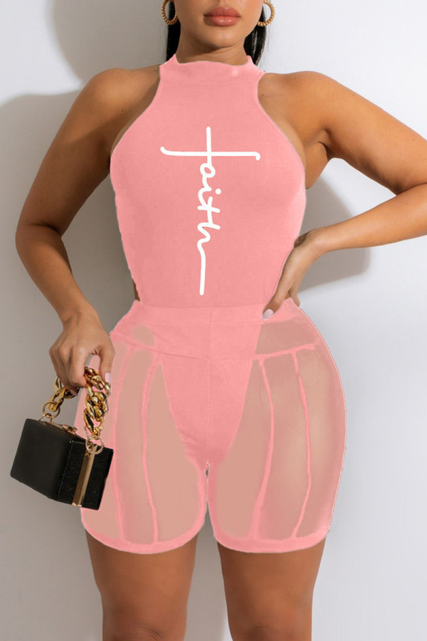 Roze mode sexy print doorschijnende mouwloze tweedelige stukken