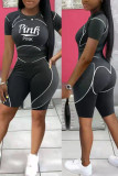 Черный Повседневная спортивная одежда С принтом Пэчворк О-образный вырез С короткими рукавами Из двух частей