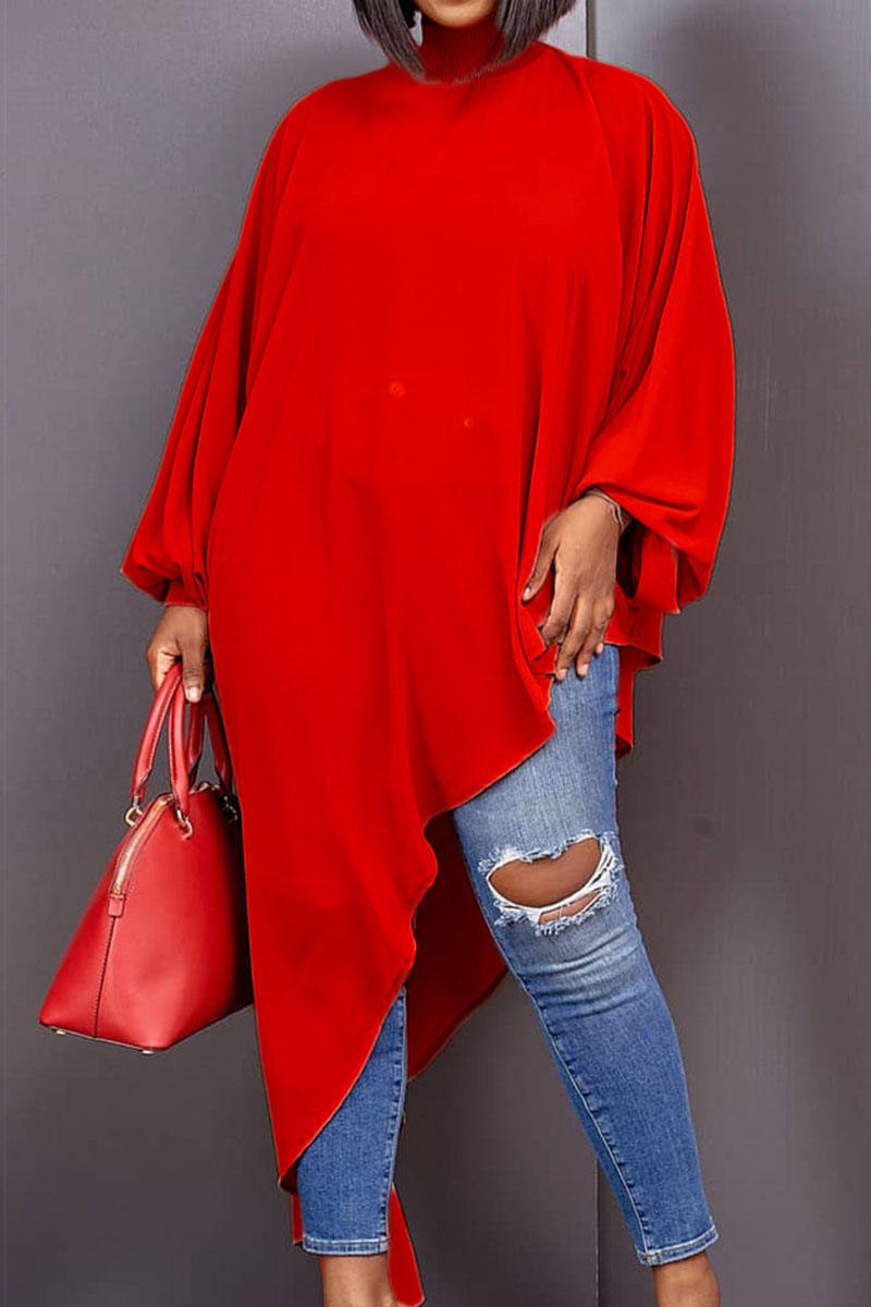 

Red Casual Solid Split Joint Asymmetrical Turtleneck Dresses