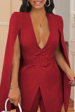 Prendas de abrigo con cuello en V y abertura en patchwork casual de moda rojo