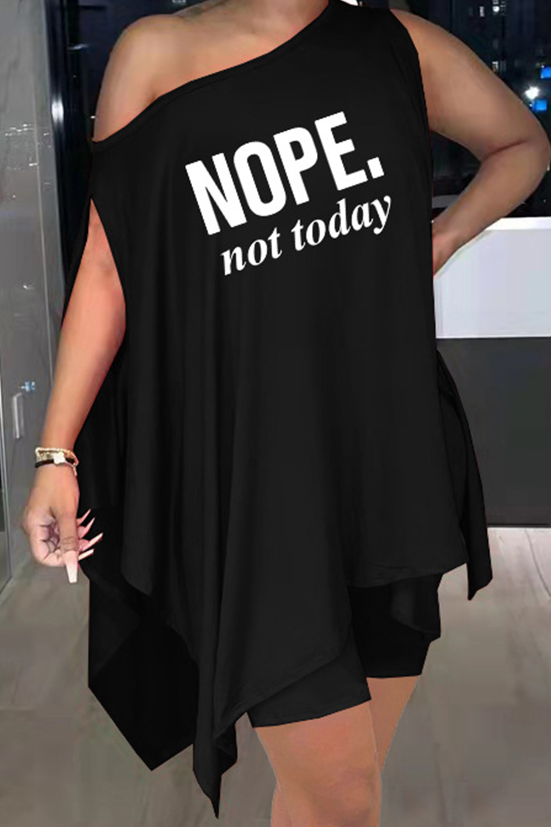 

Black Fashion Casual Letter Print Asymmetrical Oblique Collar Sleeveless Two Pieces
