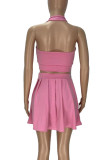 Pink Sexy Solid Hollowed Out Patchwork Backless Halter Sleeveless Two Pieces