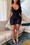 Black Sexy Solid Patchwork Backless Spaghetti Strap Regular Rompers