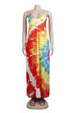 Multicolor Rainbow Fashion Sexy Print Backless Spaghetti Strap Long Loose Cami Maxi Dress