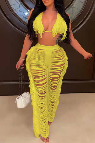 Yellow Sexy Solid Tassel Hollowed Out Patchwork Halter Sleeveless Two Pieces