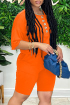 Оранжевая мода Повседневная однотонная пуговица с круглым вырезом с коротким рукавом из двух частей
