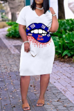 ホワイト ファッション プリント パッチワーク V ネック ストレート ドレス